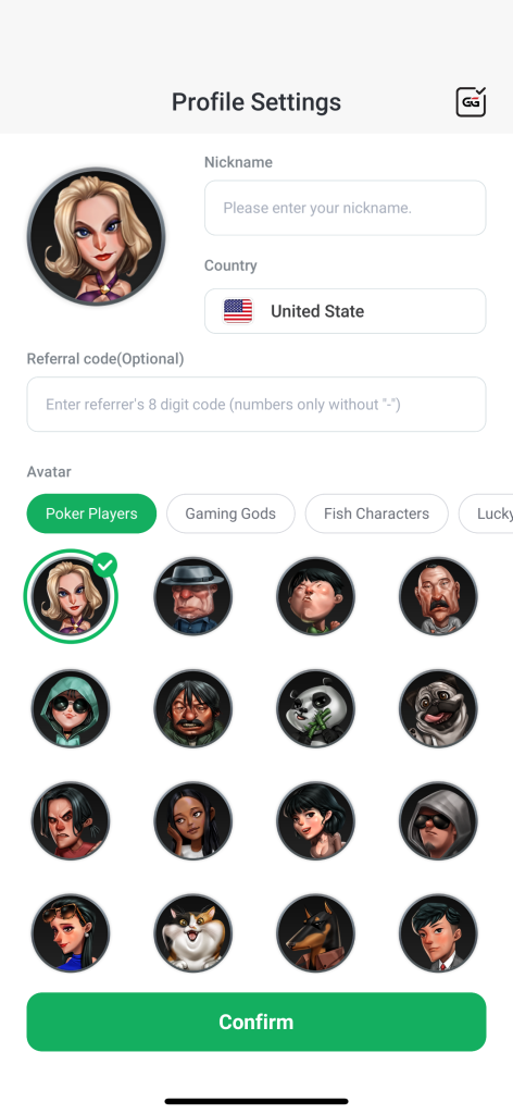 ClubGG nickname setup screen