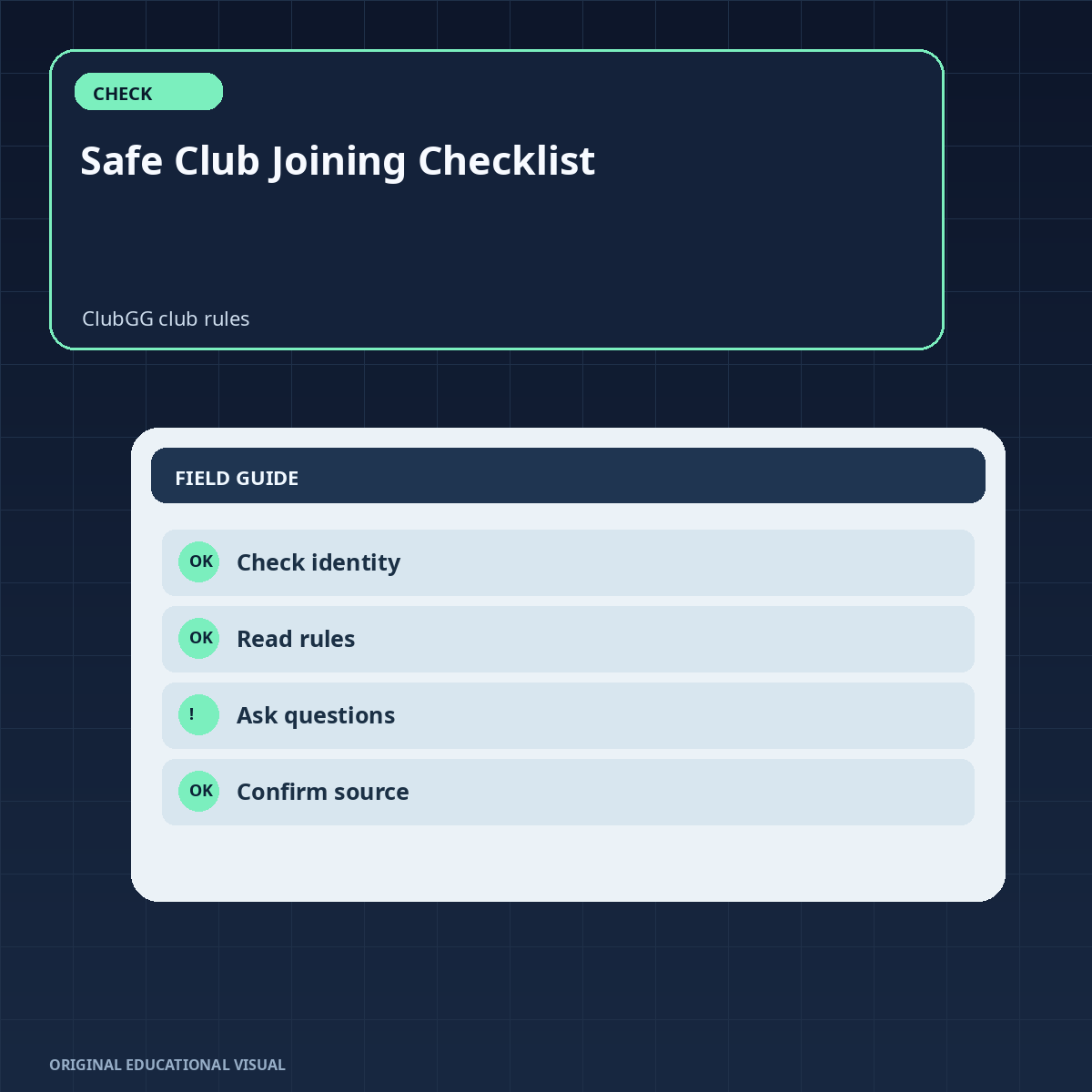 Checklist of ClubGG club rules to review before joining, covering decision timer, chat conduct, account sharing and removal policy